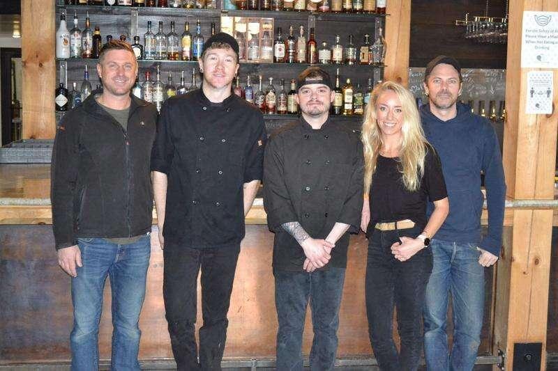Business owners Clint Stephenson (left), Annalisa Thompson and Cole Fishback (right), with chefs Skylar Messer and Tyler Cowan (middle).