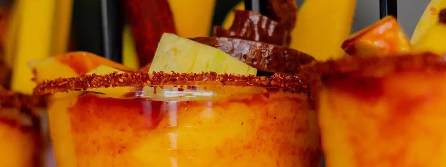 Close up view of drinks.