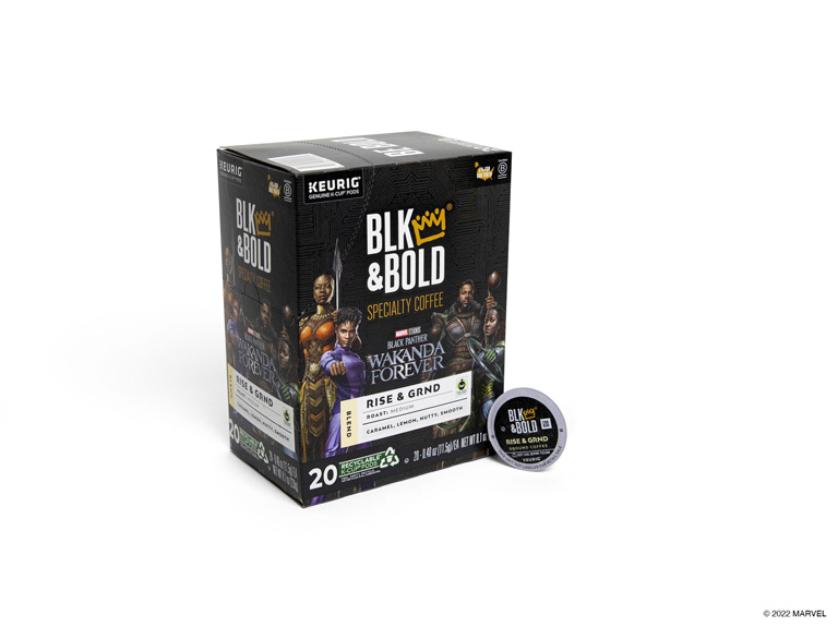 Box of Blk & Bold coffee featuring promotional imagery for the Black Panther Wakanda Forever movie.